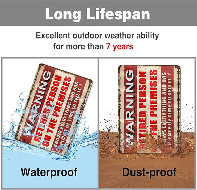 Retirement Gifts for Men/Women Metal Patio Signs Retirement Party Decorations - Warning Retired Person On Premises Knows Everything Sign - Funny Vintage Yard Door Decor 8 X 12 Inch