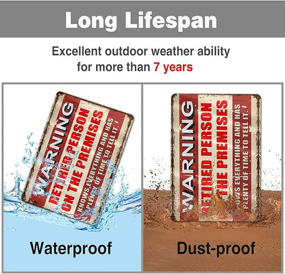 Retirement Gifts for Men/Women Metal Patio Signs Retirement Party Decorations - Warning Retired Person On Premises Knows Everything Sign - Funny Vintage Yard Door Decor 8 X 12 Inch