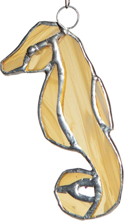 Stained Glass Ornament Seahorse Decor 3.5" x 1.5" Tan Suncatcher for Window Hangings Sea Glass Ocean Animal Tiffany Figurines Sun Catcher Garden - Beach Themed Office Home Decor