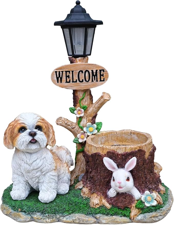Solar Garden Statue with Planter & Solar Lantern, Outdoor Resin Animal Sculpture, Waterproof Yard Lawn Decor Pot for Succulents, Front Porch Ornament Housewarming Gift(Shih Tzu)