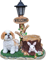 Solar Garden Statue with Planter & Solar Lantern, Outdoor Resin Animal Sculpture, Waterproof Yard Lawn Decor Pot for Succulents, Front Porch Ornament Housewarming Gift(Shih Tzu)