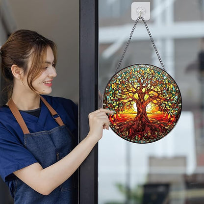 Rngmsi Stained Glass Window Hanging, 7.8″ Tree of Life Sun Catchers with Hook Indoor Window Decor, Decorative Suncatchers Hanging Ornaments Home Garden Art Gift for Housewarming