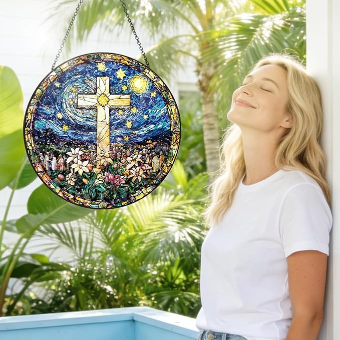 Christian Cross Stained Glass Hanging, 8 Inch Sun Catcher Outdoor Window Decor Religious Floral Glass Ornament with Chain for Easter Christmas Home, Mother's Day Christian Gifts