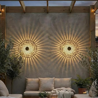 Decorative Solar Mandala Lights Outdoor Waterproof LED Metal Solar Powered Wall Fence Lights for Garden Yard Deck Step Patio Pool Lawn Back Yard Exterior Wall Decorative Lighting(#D,4PCS)