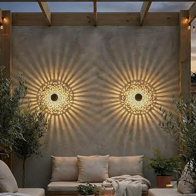 Decorative Solar Mandala Lights Outdoor Waterproof LED Metal Solar Powered Wall Fence Lights for Garden Yard Deck Step Patio Pool Lawn Back Yard Exterior Wall Decorative Lighting(#C,2PCS)