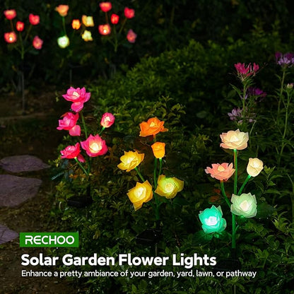 RECHOO Solar Garden Lights Outdoor Decorative, 3 Pack Solar Flower Lights with 15 Rose Flowers, Multi-Color Changing LED Waterproof Garden Decor for Landscape Pathway, Mother's Day Gifts for Women