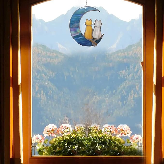 Blue Moon Cat Window Decoration Hanging, Alloy Stained Painting, Acrylic Moon Wall Decor for Courtyard, Gift for Pet Animal Enthusiasts