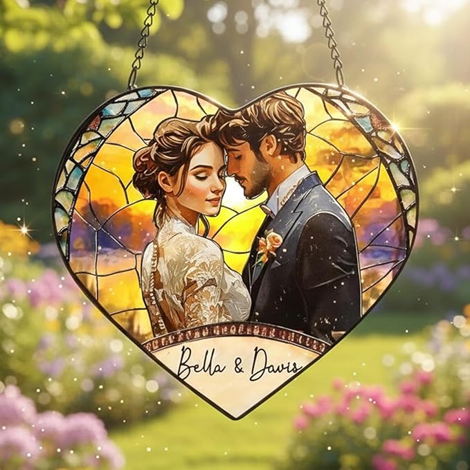 NAZENTI Custom Couple Photo Stained Glass Suncatcher - Gifts for Valentine Birthday Anniversary, Personalized Couples Portrait Window Hanging for Him Husband Wife, Couple Keepsake Heart