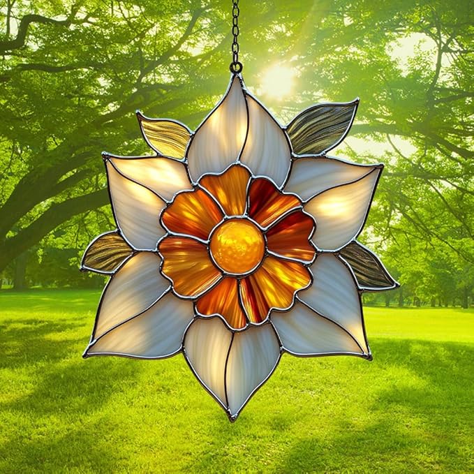 Narcissus Acrylic Suncatcher Stained Glass Effect Window Car Hanging Christmas Ornament Indoor Outdoor Decor Garden Sun Catcher Panel for Floral Lover for Women Mom Grandma