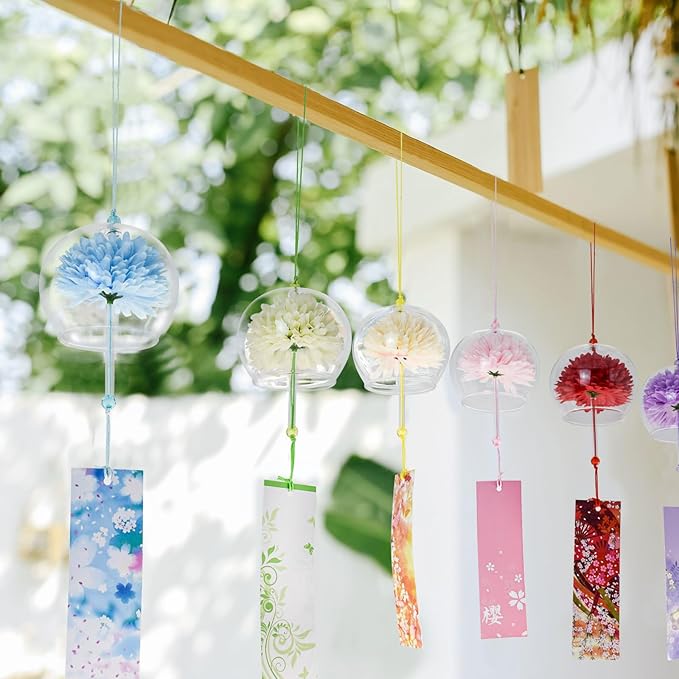 MrMrKura 6 Pcs Japanese Wind Chimes, Colorful Glass Wind Chimes with Label Handmade Bell Wind Chime Pendent for Outside Garden Patio Home Decor (Flower)