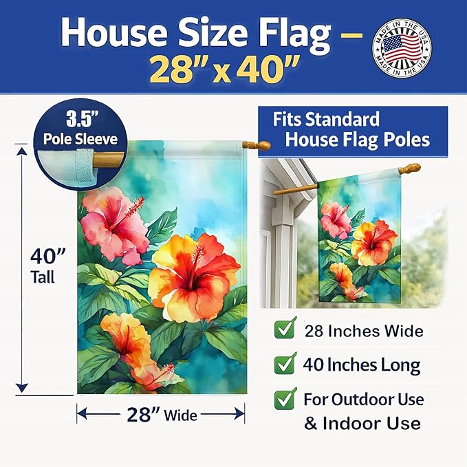Caroline's Treasures Hawaii Hawaiian Hibiscus in Watercolor House Flag Large Porch Sleeve Pole Decorative Outside Yard Banner Artwork Wall Hanging, Polyester, House Size, Multicolor