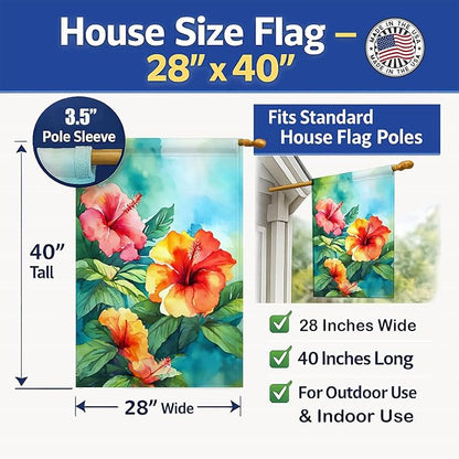 Caroline's Treasures Hawaii Hawaiian Hibiscus in Watercolor House Flag Large Porch Sleeve Pole Decorative Outside Yard Banner Artwork Wall Hanging, Polyester, House Size, Multicolor