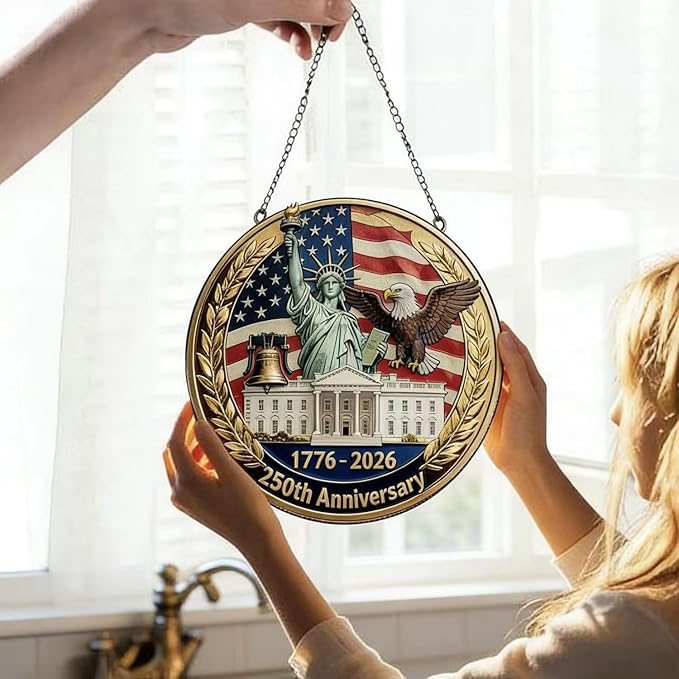 250th Anniversary America Round Ornament,1776-2026 Years with Freedom USA Flag Designs Patriotic Acrylic Stained Glass for Garden Decor Independence Day Sun Catcher for Home Supplies