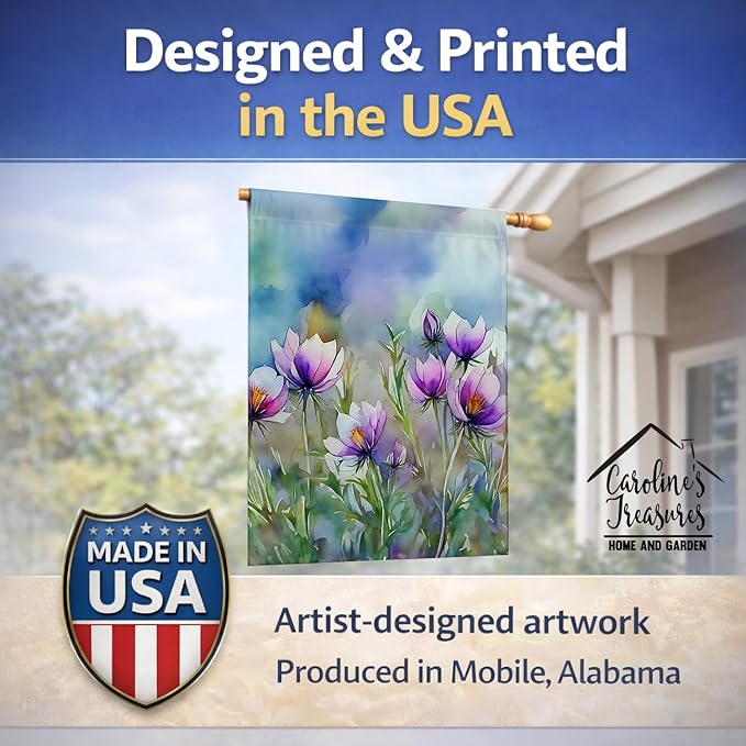 Caroline's Treasures South Dakota Pasque Flowers in Watercolor House Flag Large Porch Sleeve Pole Decorative Outside Yard Banner Artwork Wall Hanging, Polyester, House Size, Multicolor