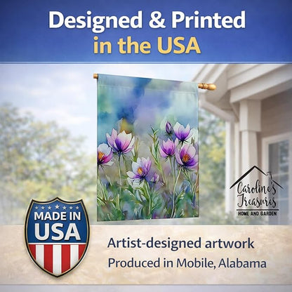 Caroline's Treasures South Dakota Pasque Flowers in Watercolor House Flag Large Porch Sleeve Pole Decorative Outside Yard Banner Artwork Wall Hanging, Polyester, House Size, Multicolor