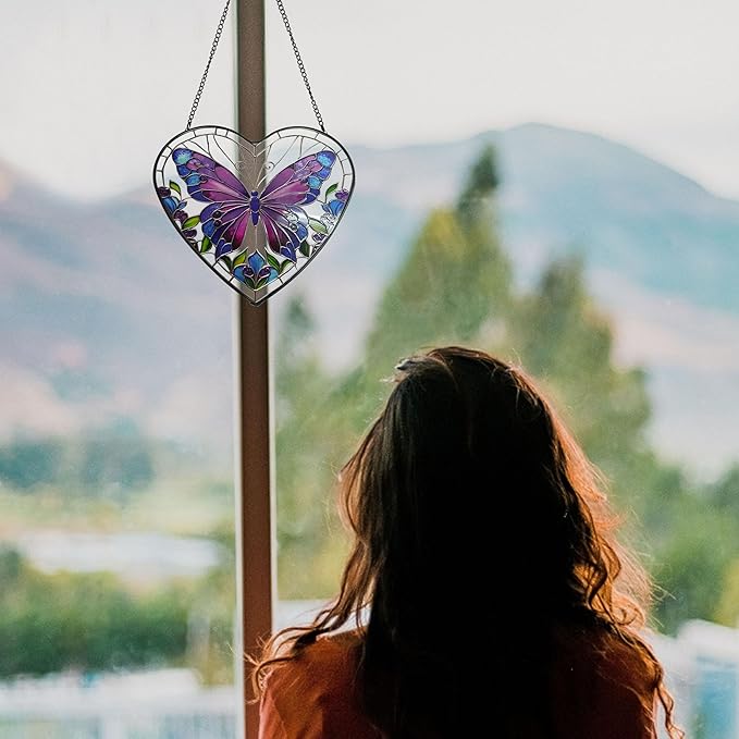 Butterfly Stained Glass Window Hanging, Blue-Purple Butterfly Suncatcher Window Wall Garden Decor with Chain, Heart Suncatchers Gift for Women, Mom, Wife, Aunt, 7.9 in