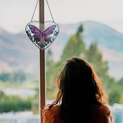 Butterfly Stained Glass Window Hanging, Blue-Purple Butterfly Suncatcher Window Wall Garden Decor with Chain, Heart Suncatchers Gift for Women, Mom, Wife, Aunt, 7.9 in