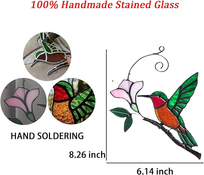 Handmade Stained Glass Hummingbird on Branch Colorful Glass Bird Suncatcher for Indoor Window Decor Unique Hummingbird Gift for Women,Mom,Grandma