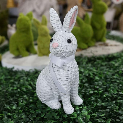 Rattan Rabbit Bow Resin Ornament (8.1in White Seat, Multi Color) for Home Decoration and Easter Gift