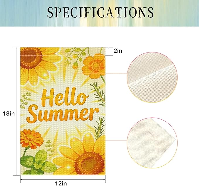 Hello Summer Sunflower Garden Flag 12x18 Inch Double Sided Bright Yellow Seasonal Outdoor Flag for Patio Porch Yard Decor