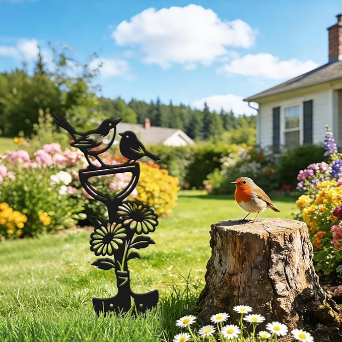 SUPERDANT Metal Garden Stake Bird Flower Silhouette Matte Black Powder Coated Iron Yard Art Decorative Plant Lawn Patio Courtyard Farmhouse Decoration Gift