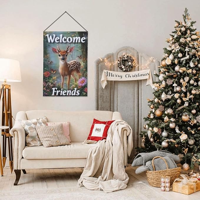 Beautiful Deer Garden Flags 12×18 Inch Welcome Friends Double Sided Decorative Yard Banner Seasonal Flag for Outdoor Outside Decor