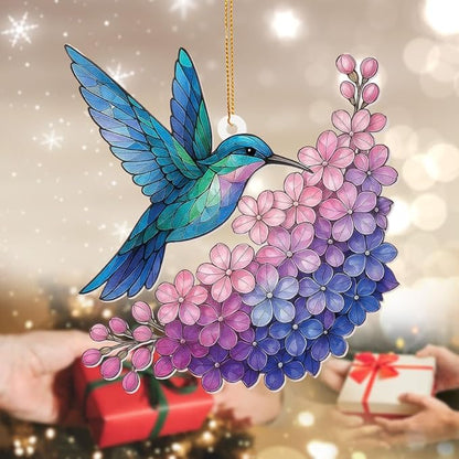 Hummingbird Stained Glass Ornament, Acrylic Window Hanging Suncatcher Decor, Bird Ornament for Car Rearview Mirror, Christmas Tree Decoration, Bookish Gifts for Bird Lovers, Home&Garden Decor(Sun-12)