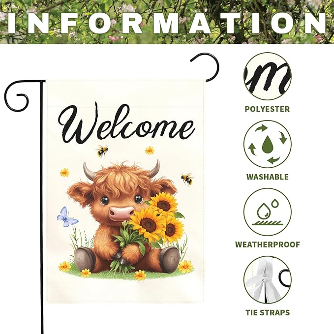 Welcome Highland Cow Garden Flag Spring Summer Sunflower Yard Flags Cute Farmhouse House Banner for Outdoor Front Yard Lawn Porch Patio Country Rustic Home Decoration 12x18 Inch