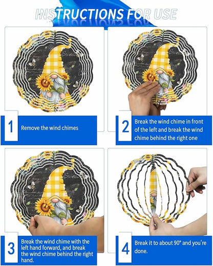Gnomes Black Wind Spinners Outdoor Inoor, Decorative Hanging Round Ornaments for Yard Patio Garden, Yellow Sunflower Floral Bee Summer Spring Stainless Steel Metal Wind Sculpture Suspension Trim, 8"