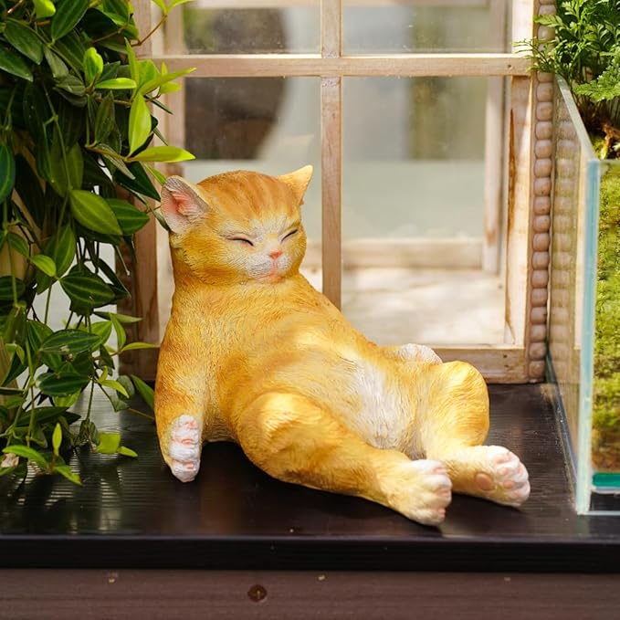 Sleeping Orange Cat Statue Outdoor Garden Decor, Realistic Resin Garden Cat Figurine, Indoor/Outdoor Decor, Heartwarming Memorial Gift for Cat Lovers, Lifelike Feline Sculpture for Patio & Yard