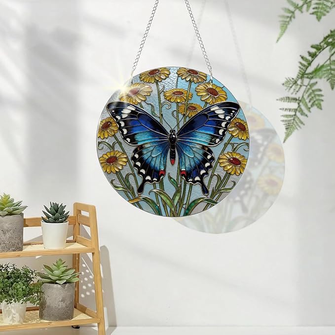 Butterfly Window Hanging Suncatcher, Yellow Flower Window Wall Art, Hand-Painted Sun Catcher Garden Hangings, Home Decor Gift for Butterfly Lovers Women Mother's Day Christmas
