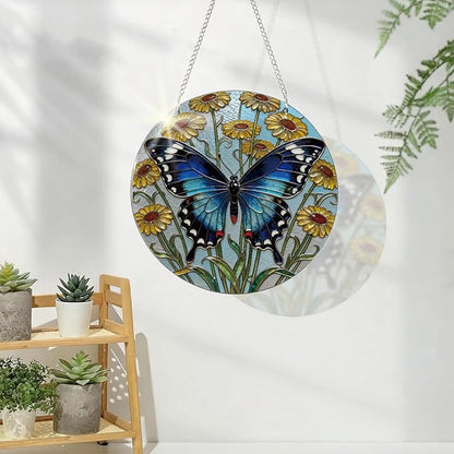 Butterfly Window Hanging Suncatcher, Yellow Flower Window Wall Art, Hand-Painted Sun Catcher Garden Hangings, Home Decor Gift for Butterfly Lovers Women Mother's Day Christmas
