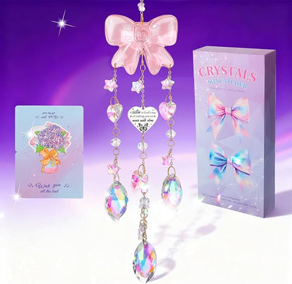 Crystal Sun Catchers Indoor Window,Pink Bow Decor Sun Catcher for Sister Gifts with 3 Chains,Prism Rainbow Crystal Suncatcher for Hangings College Dorm Rooms Home Decoration