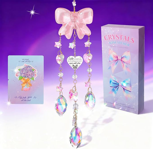Crystal Sun Catchers Indoor Window,Pink Bow Decor Sun Catcher for Sister Gifts with 3 Chains,Prism Rainbow Crystal Suncatcher for Hangings College Dorm Rooms Home Decoration