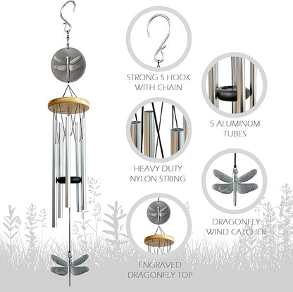 Dragonfly Wind Chimes for Outside with Bright Silver,29 "Memorial Wind Chimes Create a Zen Atmosphere for Outdoor,Garden Patio Yard Decor,Unique Dragonfly Gift for Women/Unisex