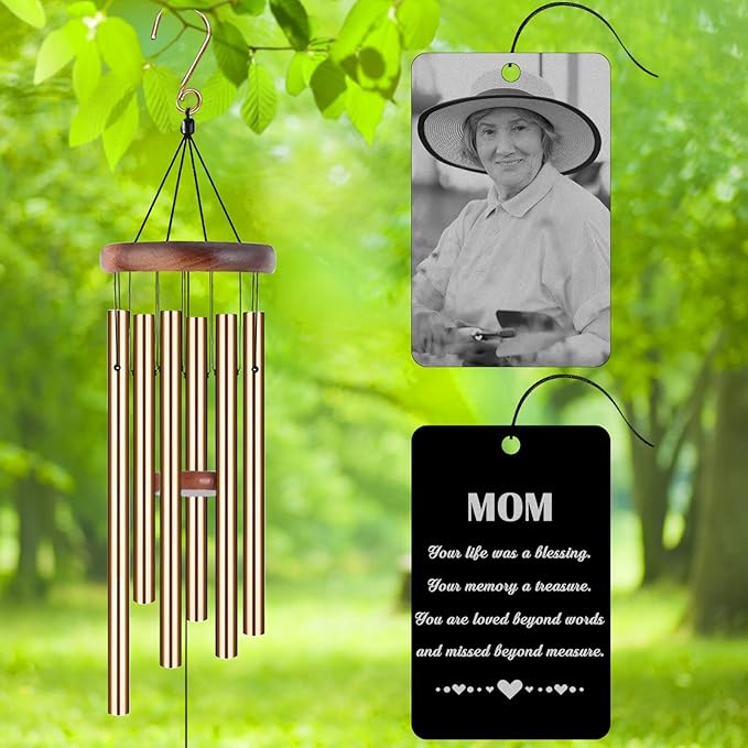 Personalized Custom Wind Chimes Memorial Engraved Gifts for Loss of Loved One Mother Dad Mom Dog Pet Customized Outdoor Sympathy Wind Chimes with Photo Text