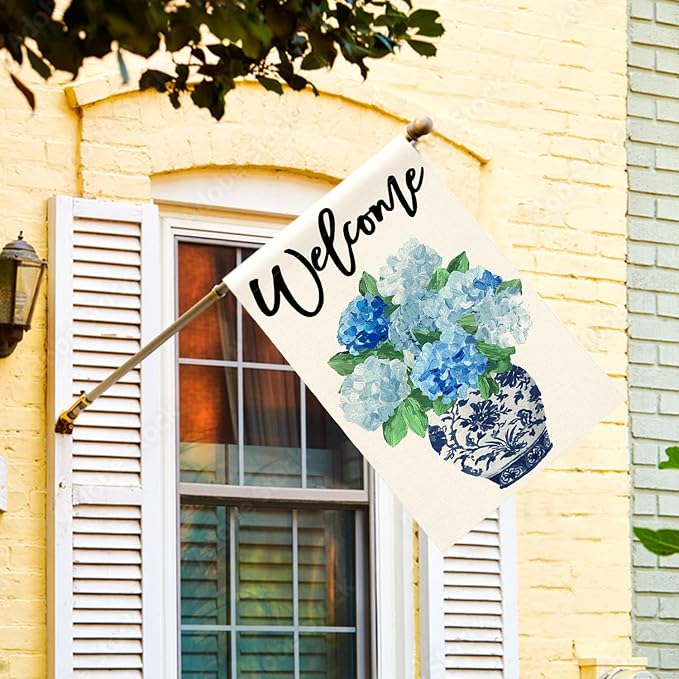 AVOIN colorlife Spring Hydrangea Floral Welcome House Flag 28x40 Inch Double Sided Outside, Blue and White Chinoiserie Seasonal Yard Outdoor Flag