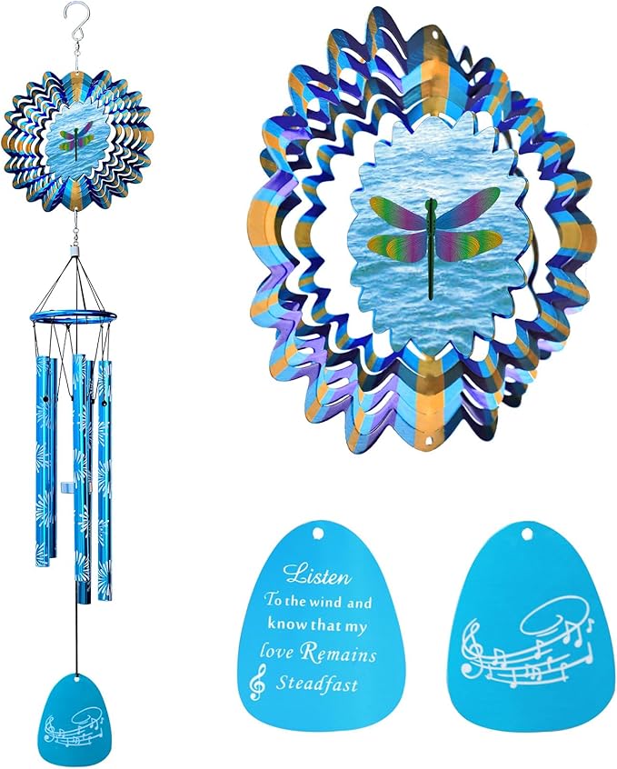 33" Memorial Wind Chimes Outdoor | Deep Tone with Animated Dragonfly Spinner, Rustproof Garden Decor for Patio/Lawn, Sympathy Gift for Mom/Dad/Unisex