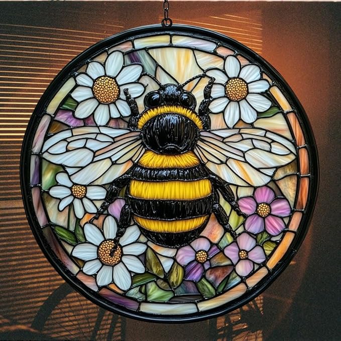 Bee Faux Tiffany Acrylic Suncatcher Stained Glass Effect Window Car Hanging Christmas Ornament Indoor Outdoor Decor Garden Sun Catcher Panel for Bee Lover for Women Mom Grandma