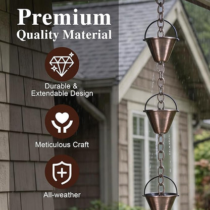 TZSSP Rain Chains Bell Style Gutter Installation – 8.5 ft Bell Style, Weatherproof & Adjustable Rain Chain– Soothing Water Sound (S-Hook Included)