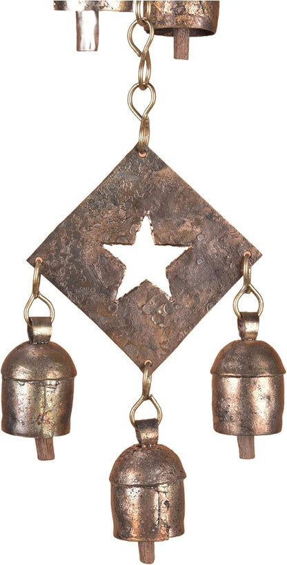 Rustic Metal Wind Chime – Triple Diamond Star Cutouts with Bells – Bronze Outdoor Garden Decor – Wind Chimes for Outside, Porch, Yard, Balcony, Memorial or Garden Gift 19 x 4.5 Inch