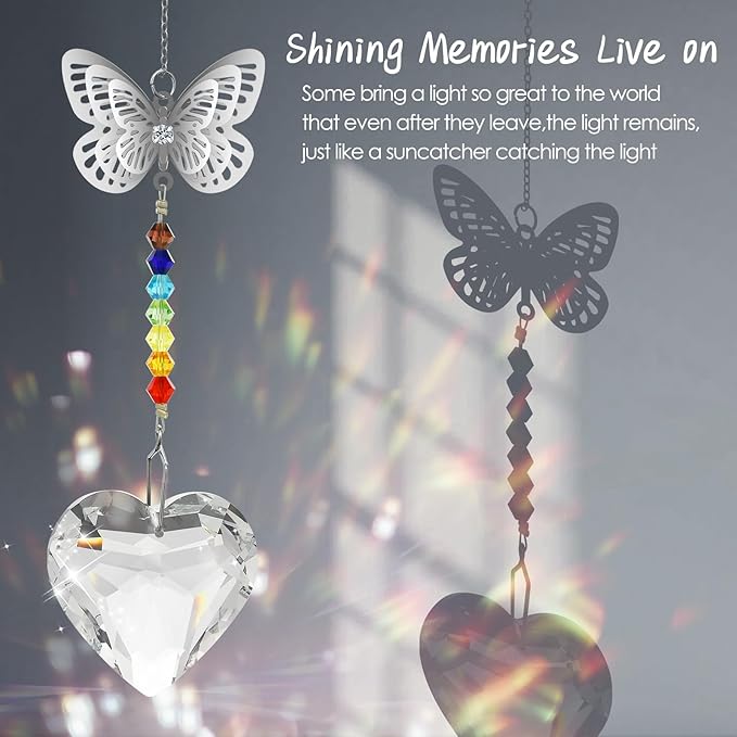 Merrynine Crystal Suncatcher, K9 Crystal Sun Catcher for Window Prism Ball, Unique Pendant Gift, Rainbow Maker with Butterfly Chain for Easy Hanging Indoor Outdoor Decoration (Butterfly Heart)