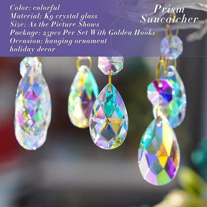 25pcs 38mm Crystal Teardrop Chandelier Parts,Suncatcher Crystal Prisms Hanging for Windows/Wedding Christmas Tree Decor(Glod Hook+Ring)