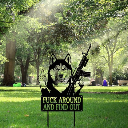 F Around & Find Out Dog Sentry Metal Dogs Silhouette Garden Stake with Middle Finger &Weapon Sign, FAFO Security Sign Middle Finger Dog Statue Decor for Outdoor Yard Patio (Husky, 8 * 16")