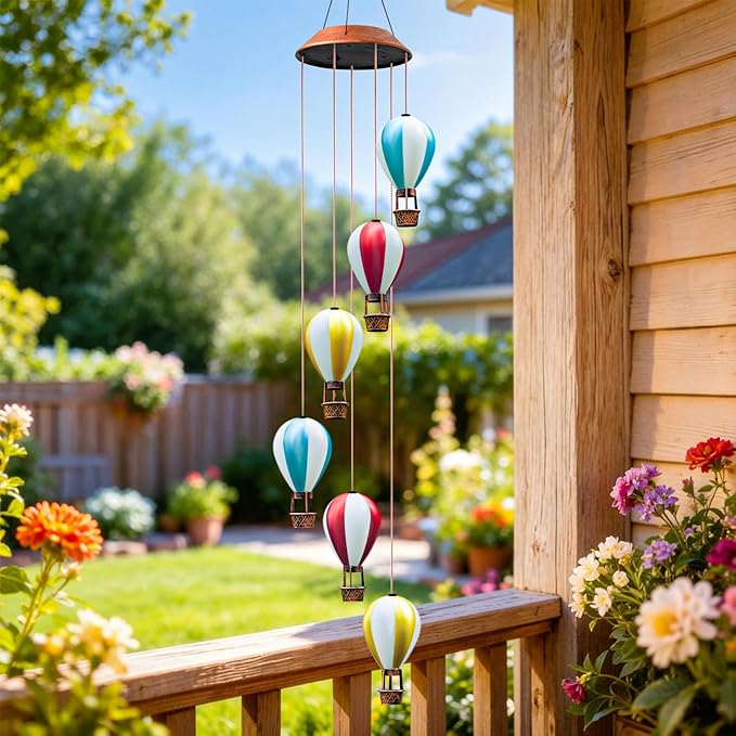 Topstor Hot Air Balloon Solar Wind Chimes for Outside - Outdoor Hanging Decor Garden Gifts for Women Mom Grandma (Stripe)