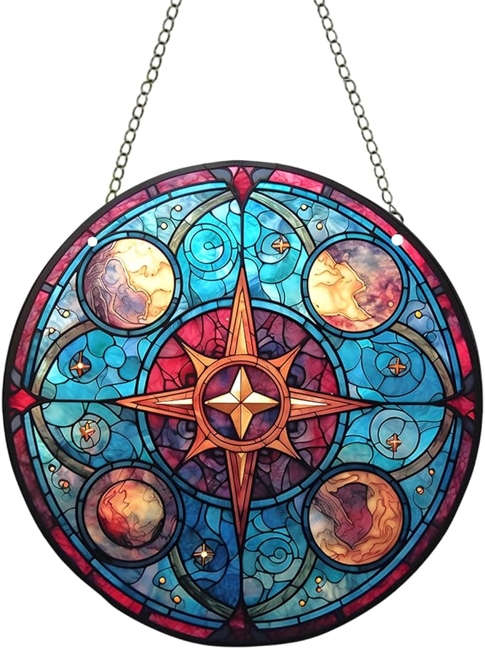 Acrylic Window Hanging,Compass Star Stained Window Hanging Decor Colorful Ornament,Stained Two-Sided Panel Hangings Decoration,Suncatcher for Garden Kitchen Living Room