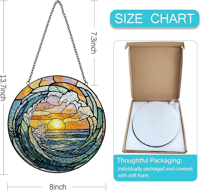 Stained Glass Window Hanging, 8 Inch Ocean Wave Suncatcher, Sun Catchers Indoor Window, Beach Coastal Suncatchers for Windows Hanging, Spring Home Garden Decor Panel, Beach Lover Gifts for Women Mom