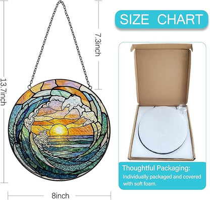 Stained Glass Window Hanging, 8 Inch Ocean Wave Suncatcher, Sun Catchers Indoor Window, Beach Coastal Suncatchers for Windows Hanging, Spring Home Garden Decor Panel, Beach Lover Gifts for Women Mom
