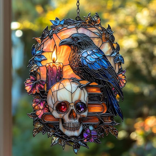 Gothic Raven and Skull Acrylic Suncatcher Stained Glass Effect Window Car Hanging Christmas Ornament Indoor Outdoor Decor Garden Sun Catcher Panel for Gothic Lover for Women Mom Grandma