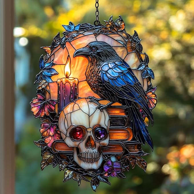 Gothic Raven and Skull Acrylic Suncatcher Stained Glass Effect Window Car Hanging Christmas Ornament Indoor Outdoor Decor Garden Sun Catcher Panel for Gothic Lover for Women Mom Grandma